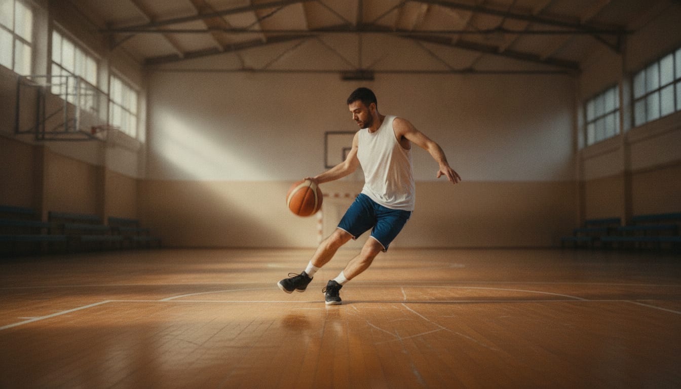 Un basketteur freine sur un appui au milieu du terrain et repart dans l'autre sens