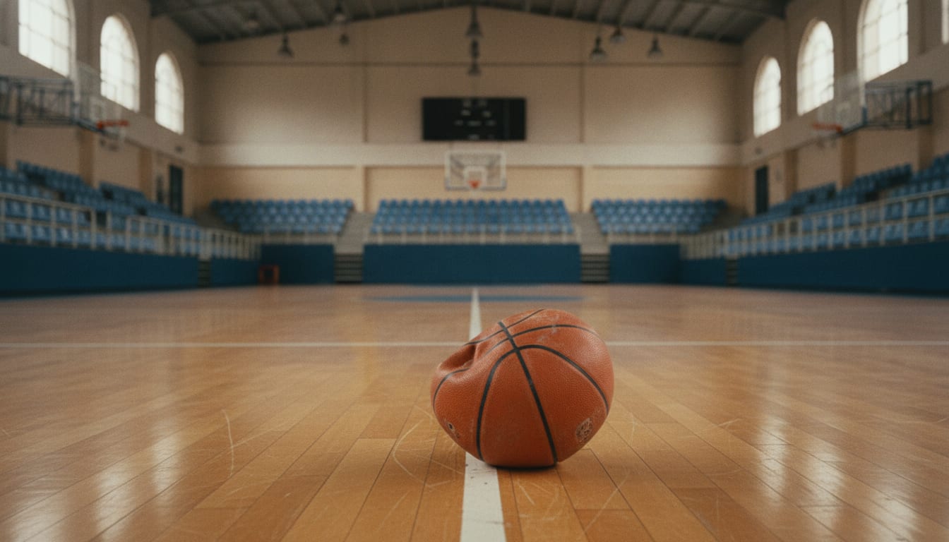 Ballon posé sur la ligne médiane d'un parquet vide, tribunes désertes et panneaux d'affichage éteints