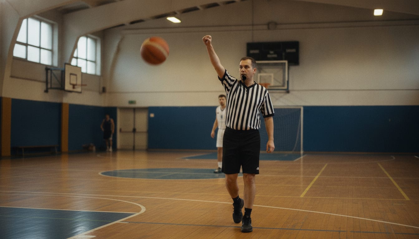 Un arbitre de basket, poing fermé levé, signale une faute vers la table de marque pendant un match en salle