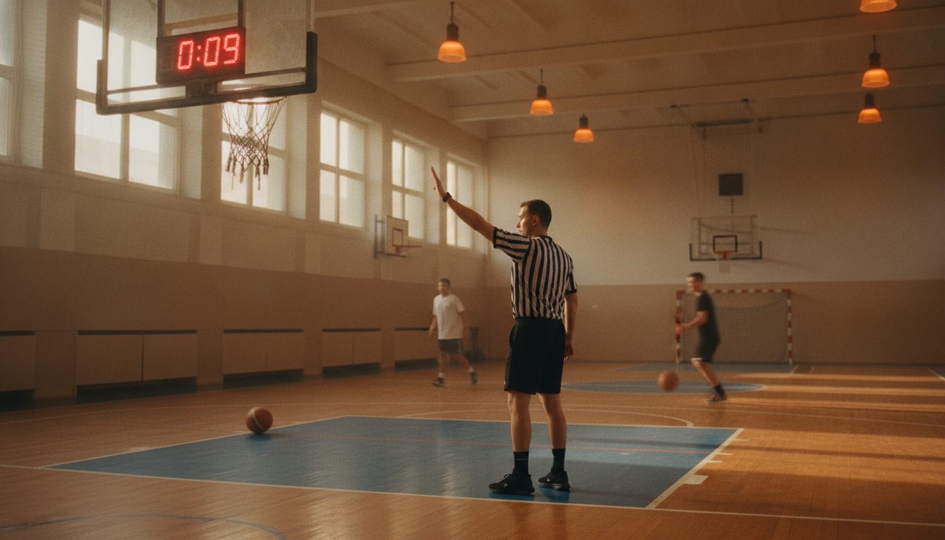 Un arbitre de basket se tourne vers la table de marque pendant un match en salle, le chronomètre des 24 secondes allumé au-dessus du panneau