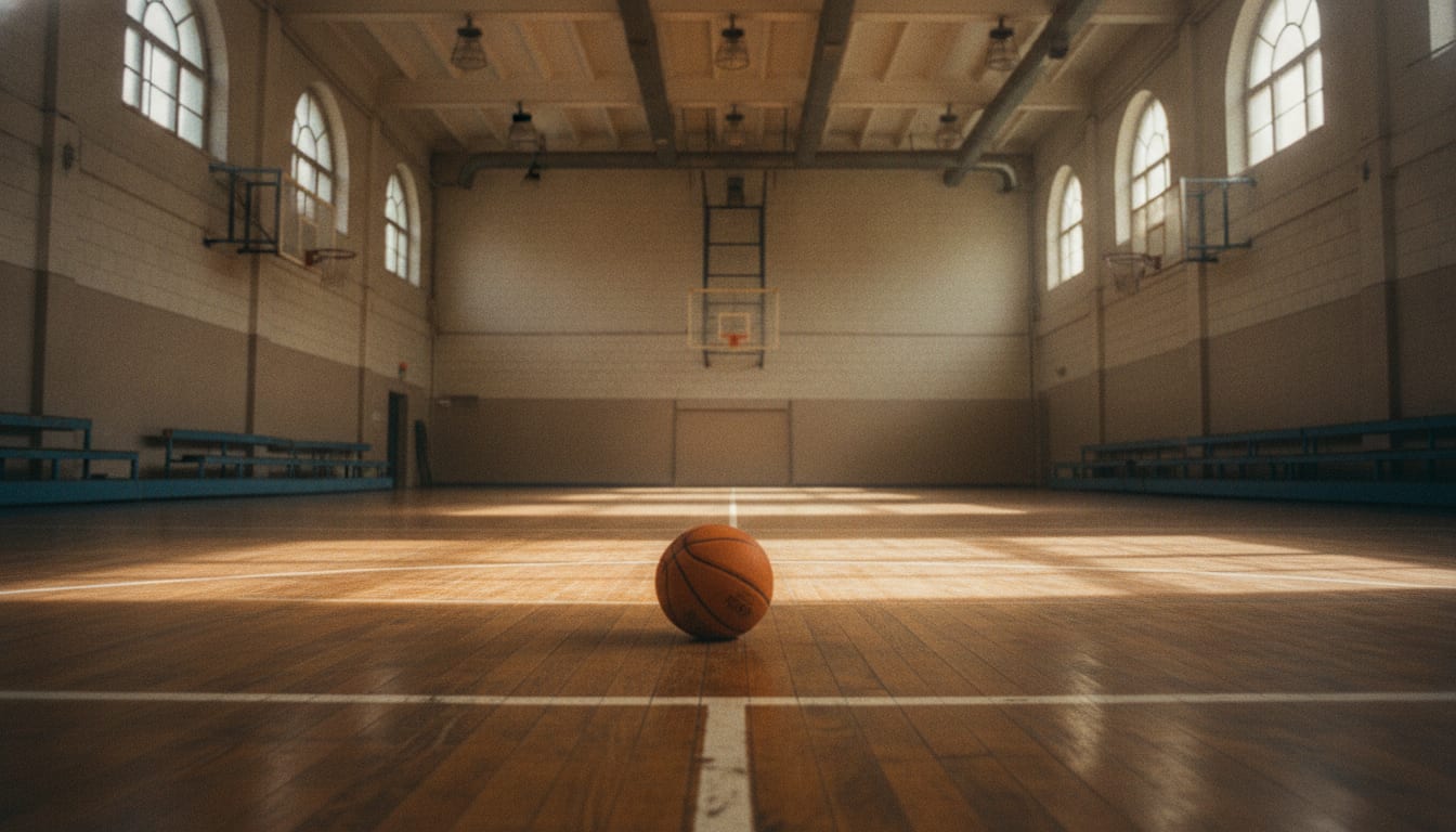 Ballon posé sur le parquet d'un gymnase, lignes du terrain visibles